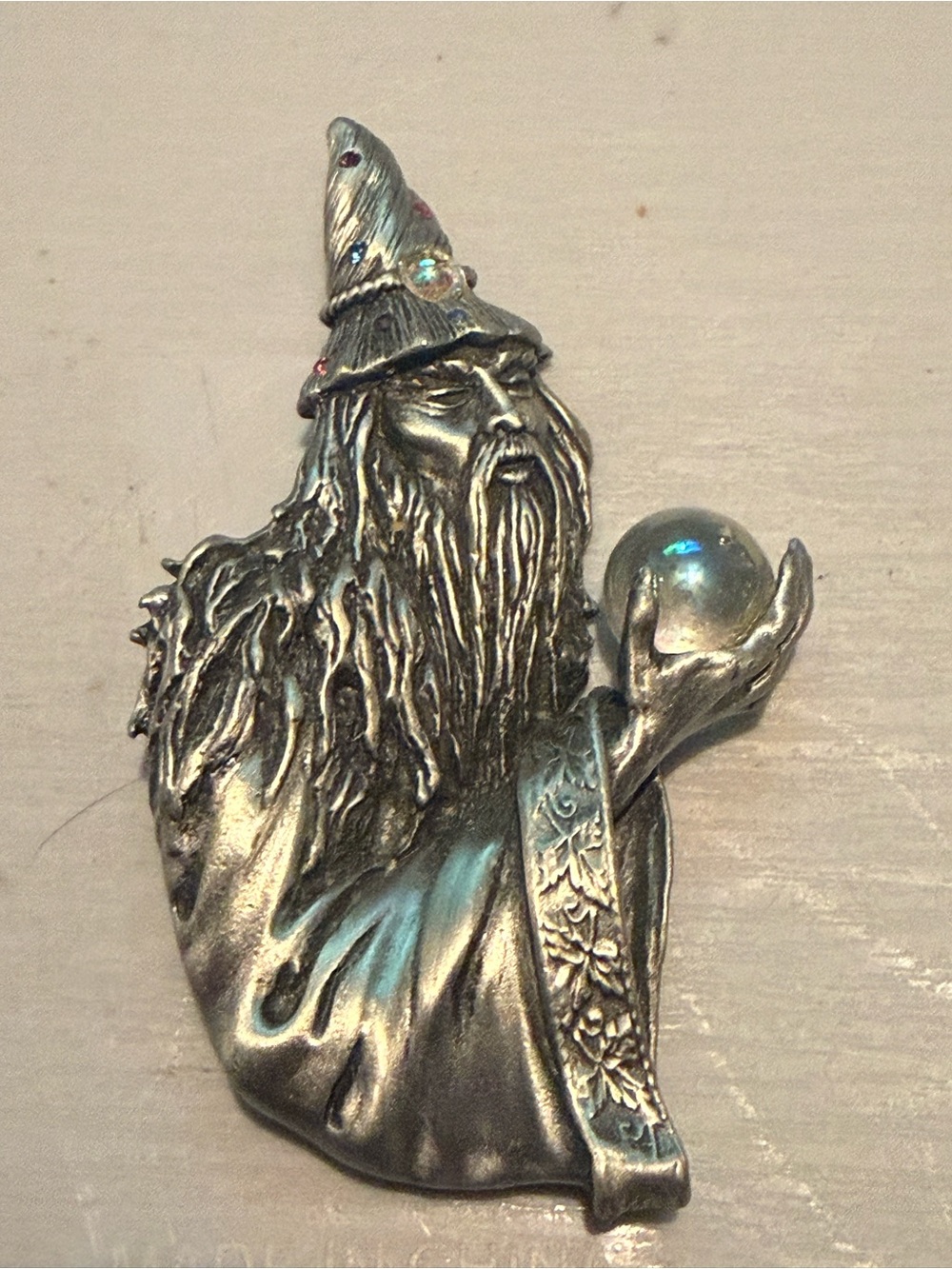 Vintage JJ Jonette Merlin Wizard Crystal Ball Orb Pewter Large Brooch